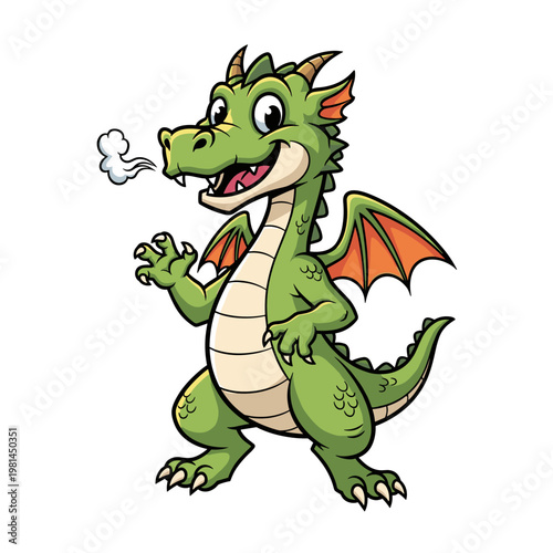 Friendly green cartoon dragon smiling and exhaling a puff of smoke