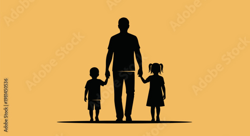 Father with two children holding hands silhouette.