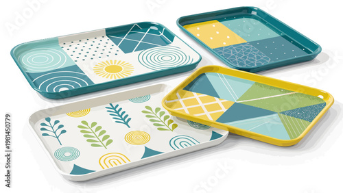Colorful serving trays with geometric patterns and leaves on white background for modern kitchen