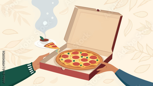 Hands opening pizza box with steaming hot pepperoni pizza inside for food delivery or takeout service