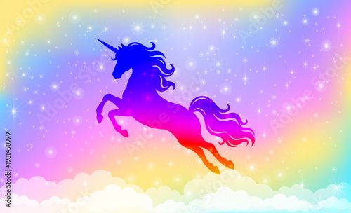 Magical Purple Unicorn Silhouette Leaping Through Pastel Rainbow Starry Sky.