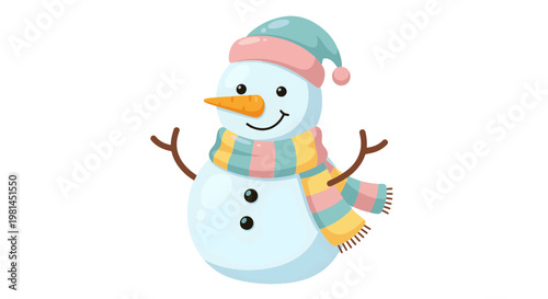 Cute Cartoon Snowman with Hat and Scarf, Winter Holiday Character Illustration
