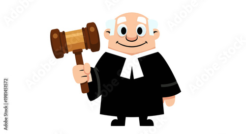 Friendly Cartoon Judge Character Holding Wooden Gavel, Law and Justice Concept Illustration
