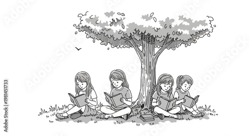 Four young girls reading books under a large tree in a peaceful setting.