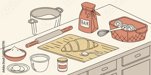 A colorful illustration depicting baking ingredients and tools on a counter