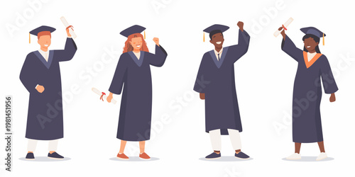 Four diverse graduates celebrate their academic achievements with diplomas