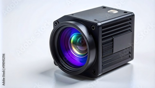 Macro view of industrial infrared thermal sensor with germanium lens on dark background with copy space
