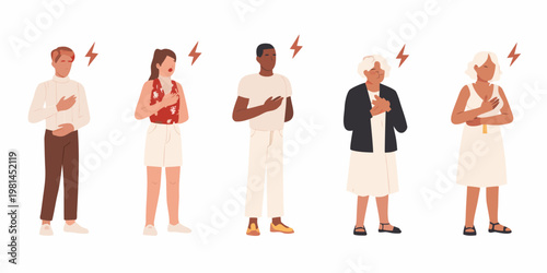 People experiencing heart attack symptoms with radiating pain illustrated