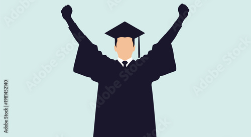 Graduate celebrating success with arms raised in triumph.