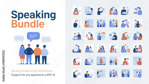 Diverse group of people engaging in speaking and presenting activities Vector