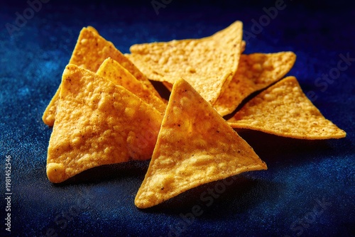 Golden triangle-shaped chips are piled on a textured, dark blue surface