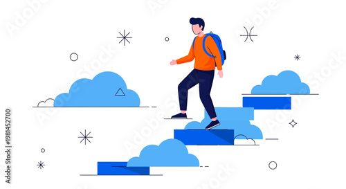 Student walking up cloud stairs to reach career success and goals