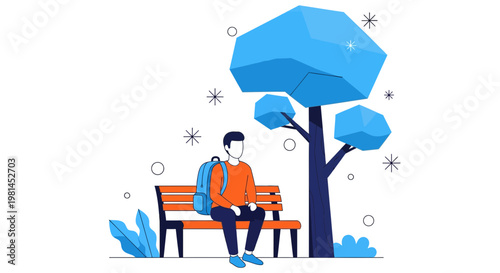 Man with Backpack Sitting on Park Bench under Geometric Tree