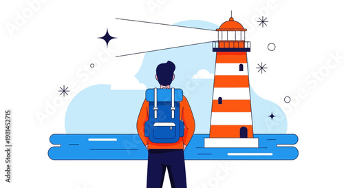 Backpacker Looking at a Coastal Lighthouse Flat Vector Design