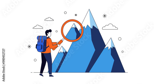 Hiker exploring mountains with a magnifying glass flat illustration