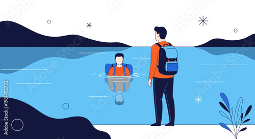 Minimalist Vector of a Man with a Backpack Reflecting on a Lake