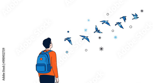 Minimalist flat vector of a man with backpack watching birds