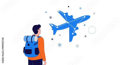 Traveler with Backpack Watching Airplane Silhouette Vector