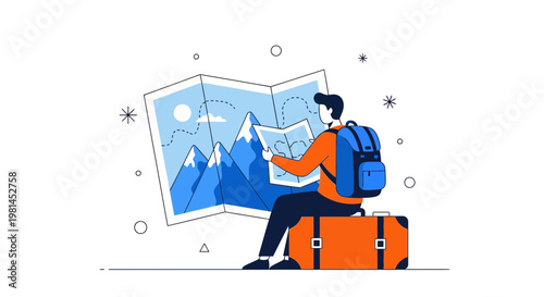 Traveler Planning Trip with Map Sitting on Suitcase Vector Illustration