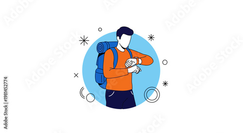Minimalist vector illustration of a male hiker checking his watch