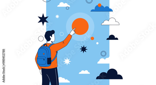 Man with backpack pointing at the sun flat vector illustration
