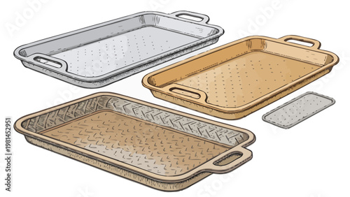 Assorted baking trays and pans in silver gold and beige with non stick mats for cooking and serving
