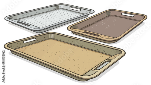 Three empty baking trays with different textures and colors for cooking and serving food