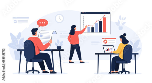 A dynamic woman presents a growth chart to two attentive colleagues.