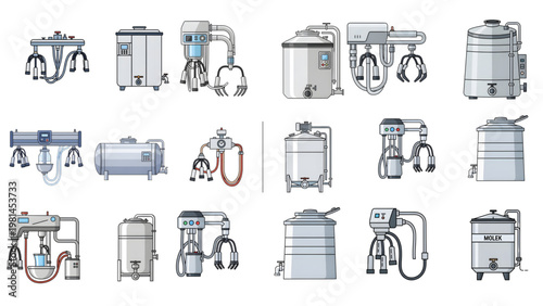 A Comprehensive Set of Modern Colorful Dairy Milking Machines and Tanks, Vector collection of colorful line-art illustrations of modern dairy farming equipment, including multiple styles of automated 