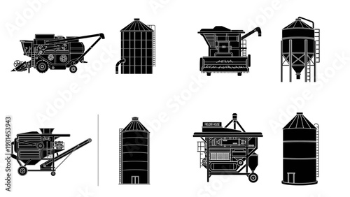 Combine Harvester and Grain Silo Silhouette Collection, Agricultural Heavy Machinery and Storage Icons, Black silhouettes featuring various models of modern combine harvesters and several types 