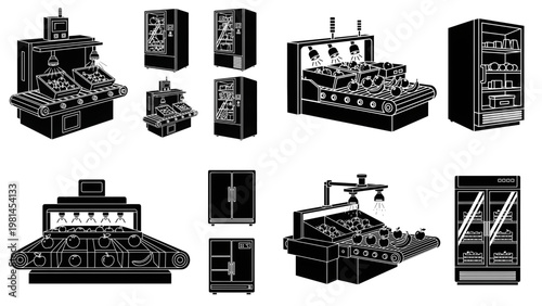 Automated Fruit Sorting and Refrigerated Display Case Silhouette Collection, Produce Processing Technology, Black silhouettes illustrating automatic food processing lines with conveyor belts under