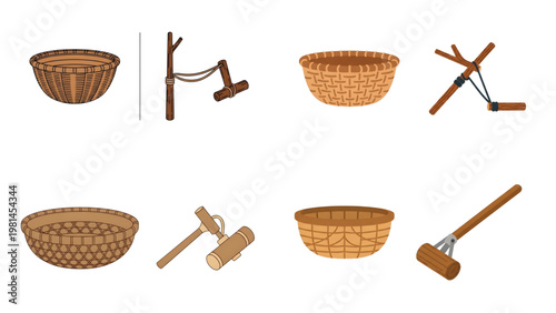 Antique Hand-Woven Wicker Baskets and Traditional Wooden Tools: Mallets, Loom Components, and Weaving Implements, Vector illustrations of diverse hand-woven wicker baskets and traditional wooden tools