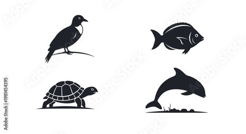 Black silhouettes of sea creatures animals.