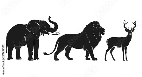 Black silhouettes of elephant lion deer.