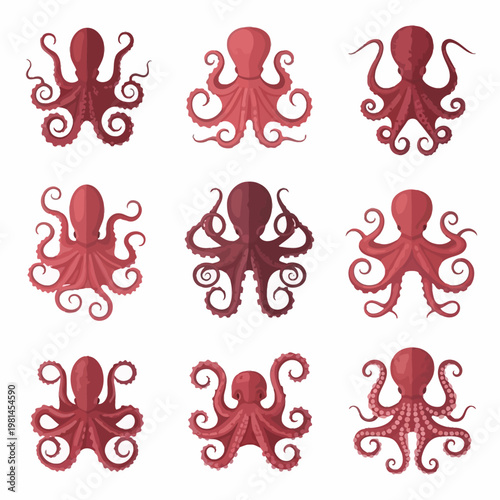 Collection of Red Octopuses, Marine Life, Underwater Creatures, Vector Illustrations