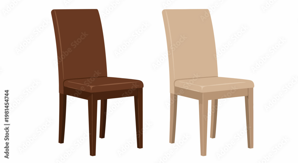 Fototapeta premium Two modern dining chairs, one brown, one beige, isolated on white background