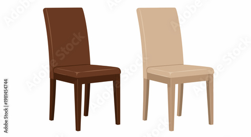 Two modern dining chairs, one brown, one beige, isolated on white background