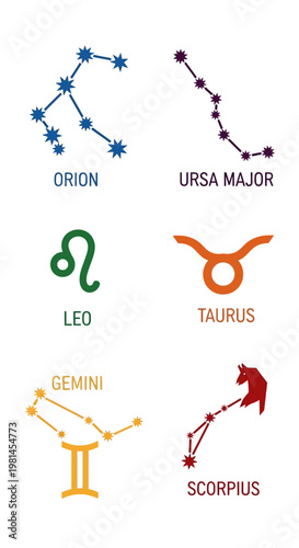 Zodiac Constellations and Symbols: Orion, Ursa Major, Leo, Taurus, Gemini, Scorpius