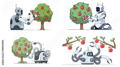 High-Tech Robotic Apple Harvesters Vector Art: Advanced Humanoid, Tracked, and Multi-Limbed Autonomous Agricultural Pickers,  Vector illustration set showcasing three advanced robotic systems 