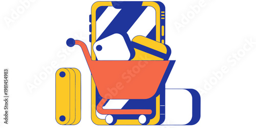 Shopping cart icon with glowing effect and digital elements, representing online retail and e-commerce technology for modern business transactions.