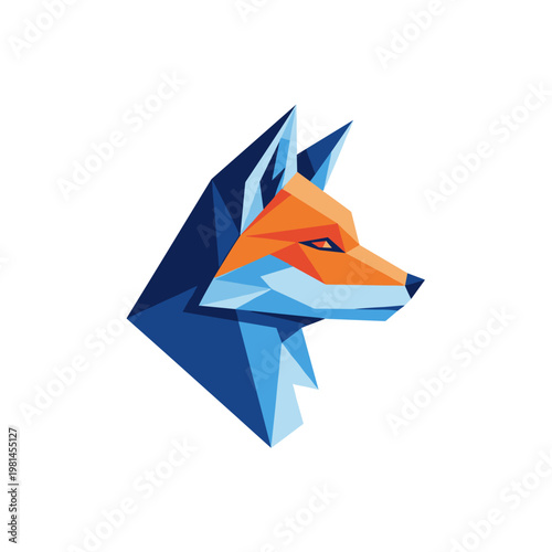 Geometric polygonal fox head illustration in orange and blue
