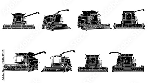 Agricultural Combine Harvester Machine Silhouette Vector Set,  Vector set of black solid silhouette icons representing 8 different agricultural combine harvester machines with varied headers