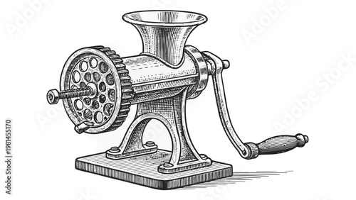 Vintage manual meat grinder with handle and funnel on a base detailed engraving