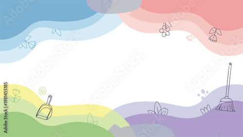 Spring cleaning scene with colorful hills and flowers