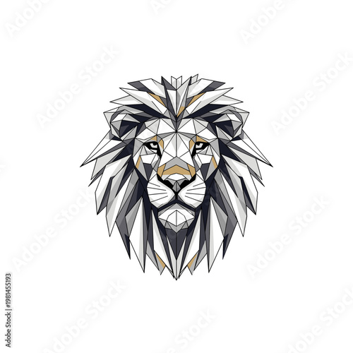Geometric polygonal lion head illustration with abstract lines in gray and gold