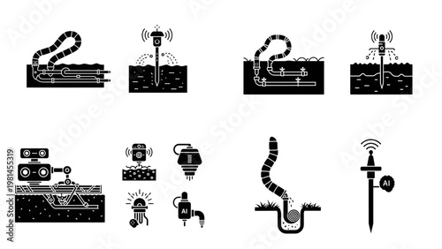 Smart Agriculture and Precision Farming Soil Sensor Icons,  Black silhouette icons depicting smart agriculture and precision farming technologies, featuring soil monitoring probes, automated sampling 