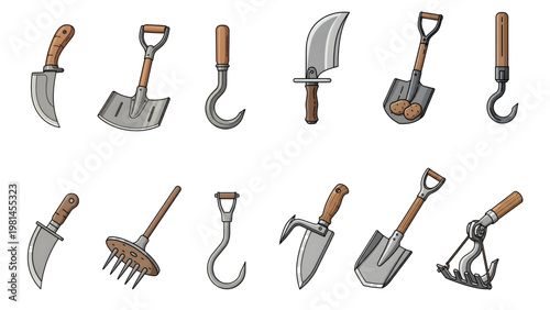 Traditional Agricultural Hand Tools Vector Illustration Set,  Vector illustration set of traditional hand gardening and agricultural tools with wooden handles and metal heads, featuring various shapes