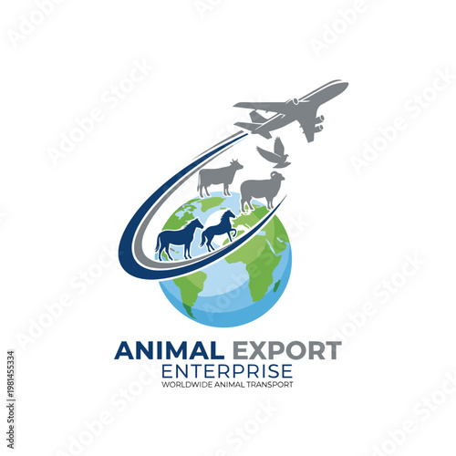 Global animal export enterprise logo with airplane and farm animals on a globe