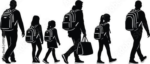 Silhouette of family and children with backpacks walking away for back to school education and travel journey on white background