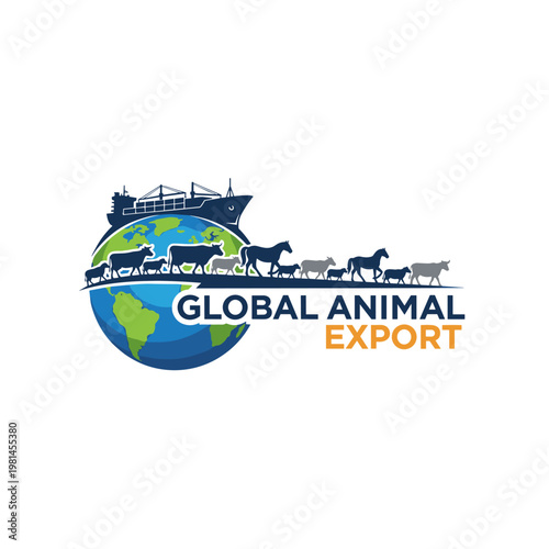 Global animal export logistics logo with a cargo ship, diverse farm animals, and world map